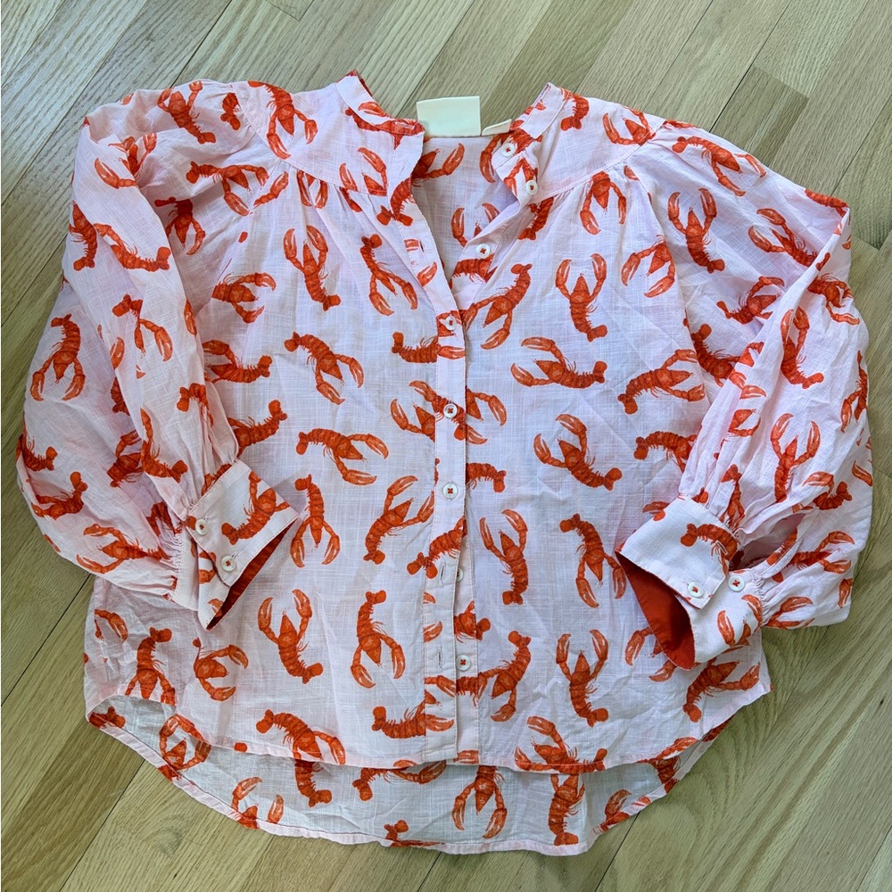 Maeve Anthropologie Lobster Print Button Down Blouse XS Pink Coastal Cotton Top - Picture 2 of 7